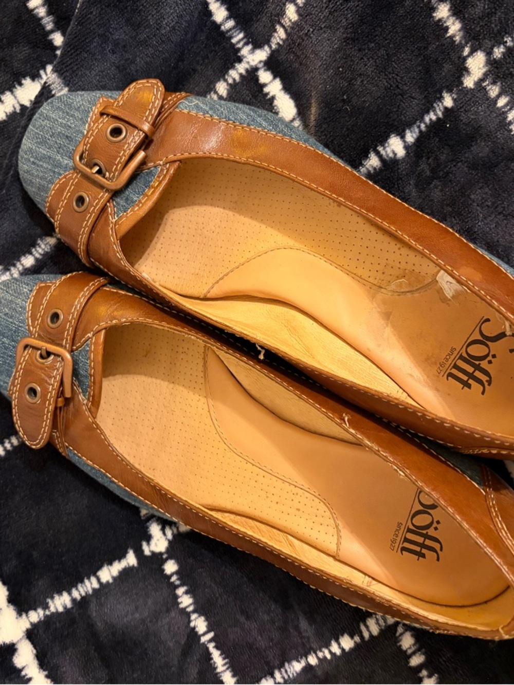 Sofft Brown Leather and Denim Trim Women's Ballet Flats